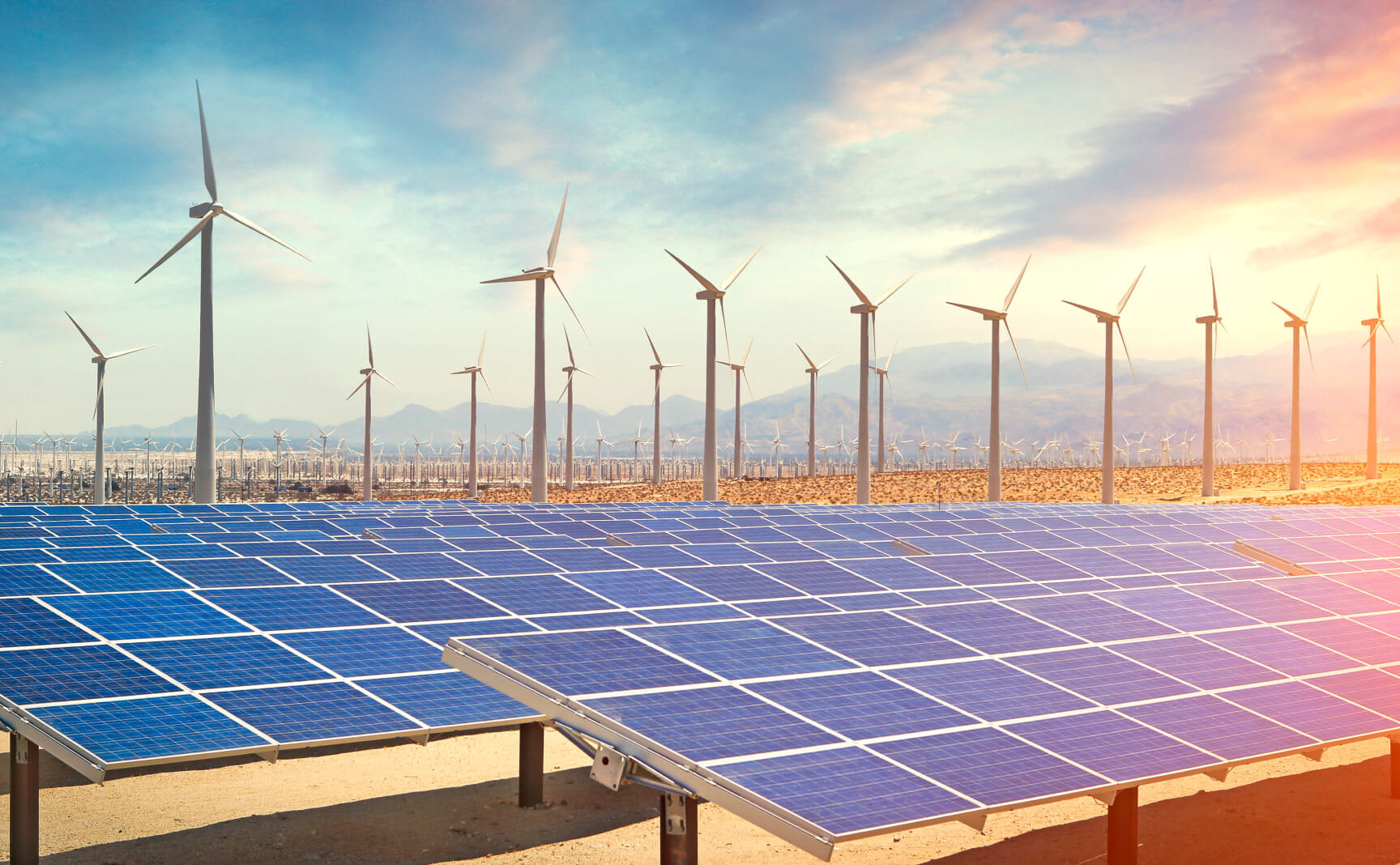 A field of solar panels and wind turbines